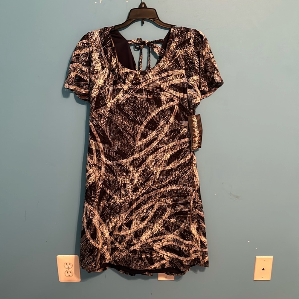 Navy blue dress with white pattern; new with tags